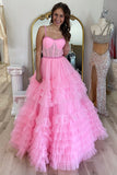 A-line Tiered Ruffle Sweetheart Beaded Long Prom Dress