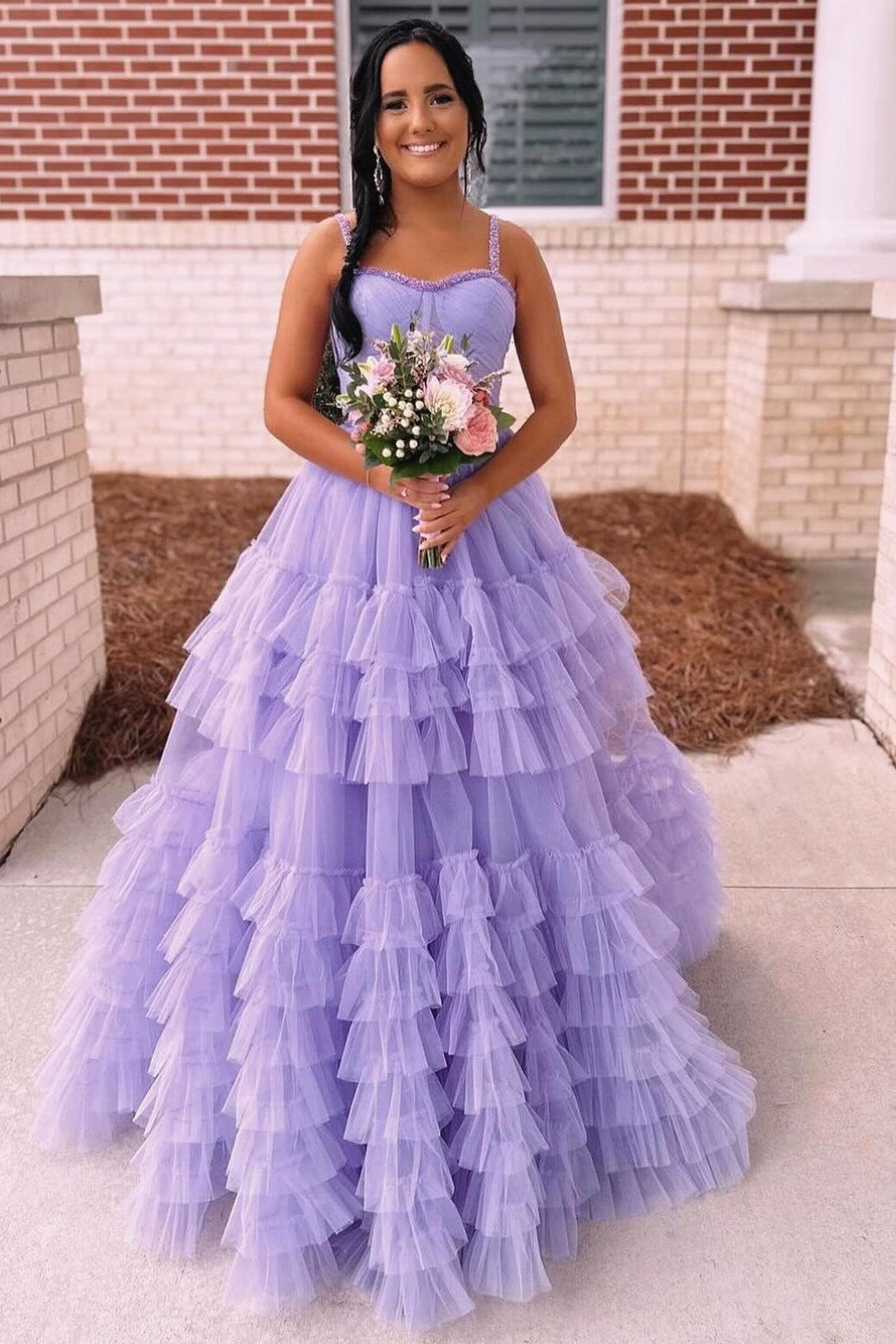 A-line Tiered Ruffle Sweetheart Beaded Long Prom Dress