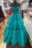 A-line Tiered Ruffle Sweetheart Beaded Long Prom Dress