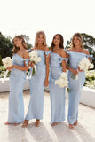 Romantic Off-Shoulder Sheath Pleated Satin Light Blue Bridesmaid Dress