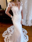 Mermaid V-Neck Wedding Dress with Long Sleeves and Appliqués