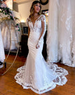 Mermaid V-Neck Wedding Dress with Long Sleeves and Appliqués