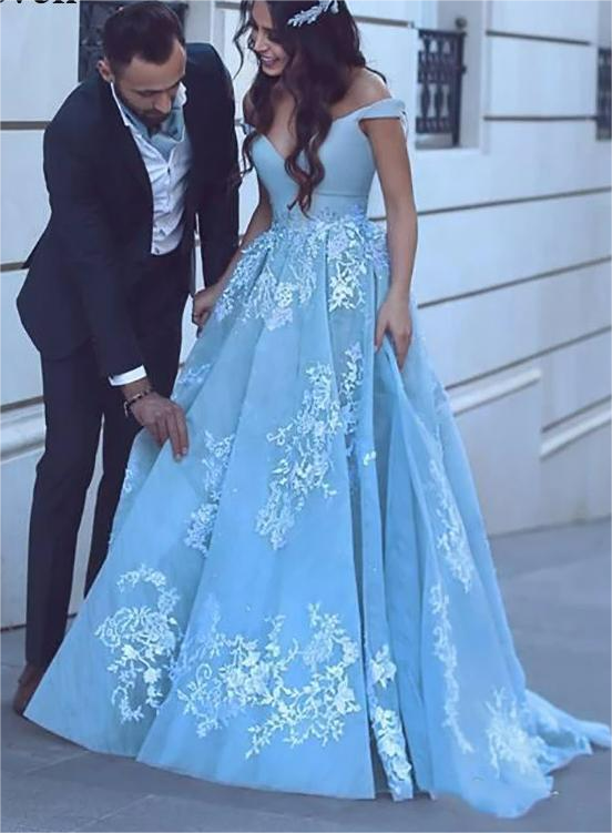 Alivia | Sky Blue Ball Gown Quinceañera Dress with Lace Appliques and Off-the-Shoulder Design