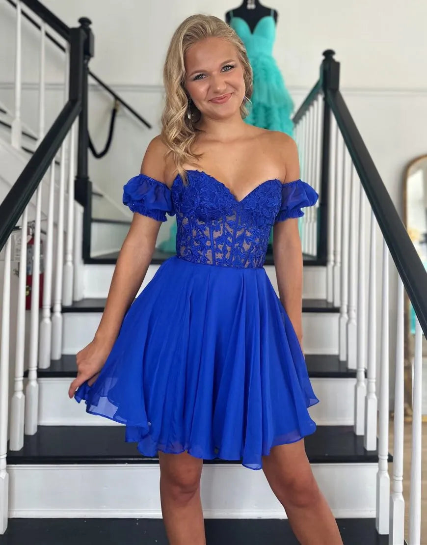 Lavinia | Off-the-Shoulder Lace A-Line Homecoming Dress with Appliques