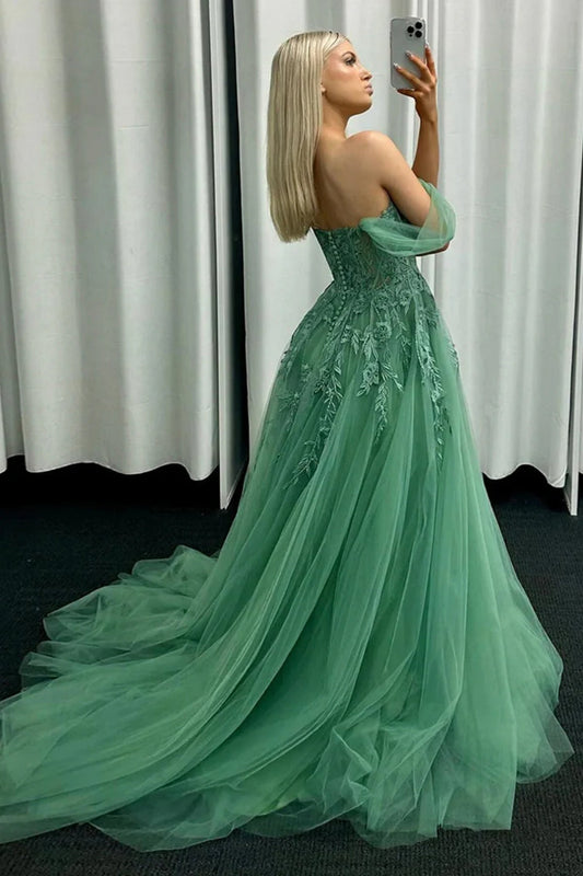 Cute A Line Off the Shoulder Grey Green Tulle Prom Dresses with Appliques