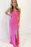 Mara | Hot Pink Sequins Mermaid Long Prom Dress with Slit