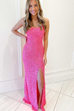 Mara | Hot Pink Sequins Mermaid Long Prom Dress with Slit