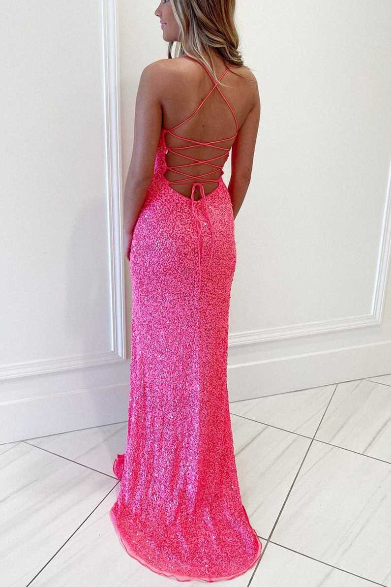 Mara | Hot Pink Sequins Mermaid Long Prom Dress with Slit