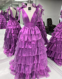 Cute Ball Gown V Neck Tie Straps Pink Tiered Organza Long Prom Dress