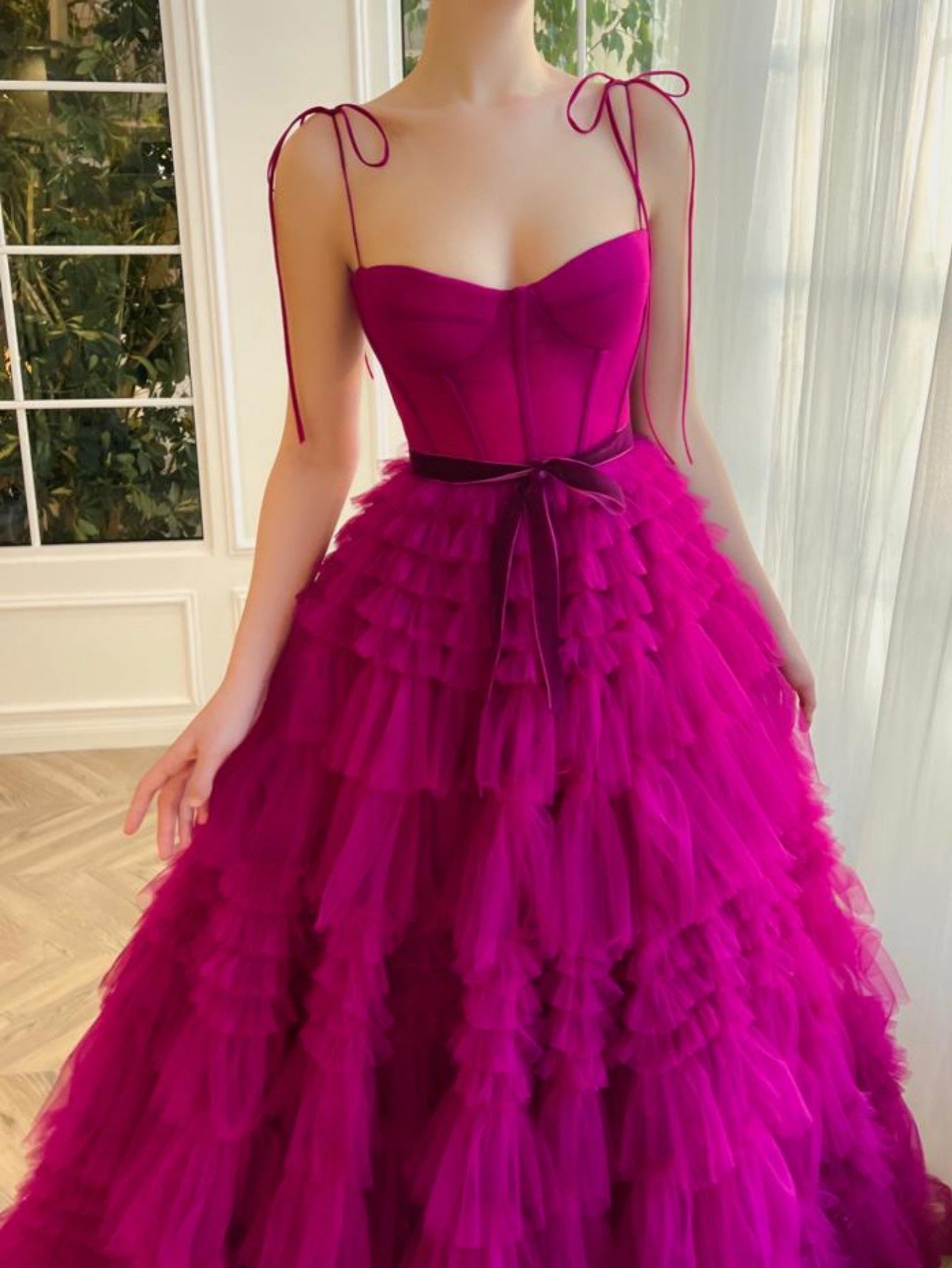 Blair | Vibrant A-Line Strapless Fuchsia Tiered Long Tulle Prom Dress