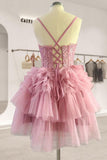 Pink Spagherri Straps Lace A-Line Homecoming Dresses Tiered Mini Evening Gown with Ruffle