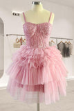 Pink Spagherri Straps Lace A-Line Homecoming Dresses Tiered Mini Evening Gown with Ruffle