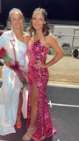 Pink Mermaid Sequin Spagherri Straps Long Evening Prom Dress