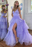 Amanda | Tiered Tulle A-Line Prom Dress with Spaghetti Straps and Slit