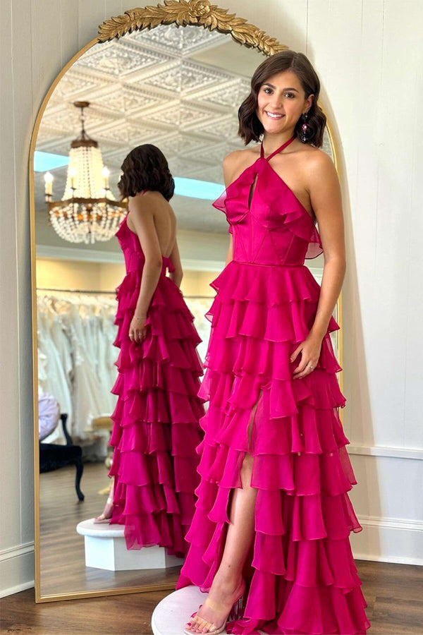 Halter Keyhole Ruffle Tiered Prom Dress with Slit