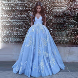 Alivia | Sky Blue Ball Gown Quinceañera Dress with Lace Appliques and Off-the-Shoulder Design