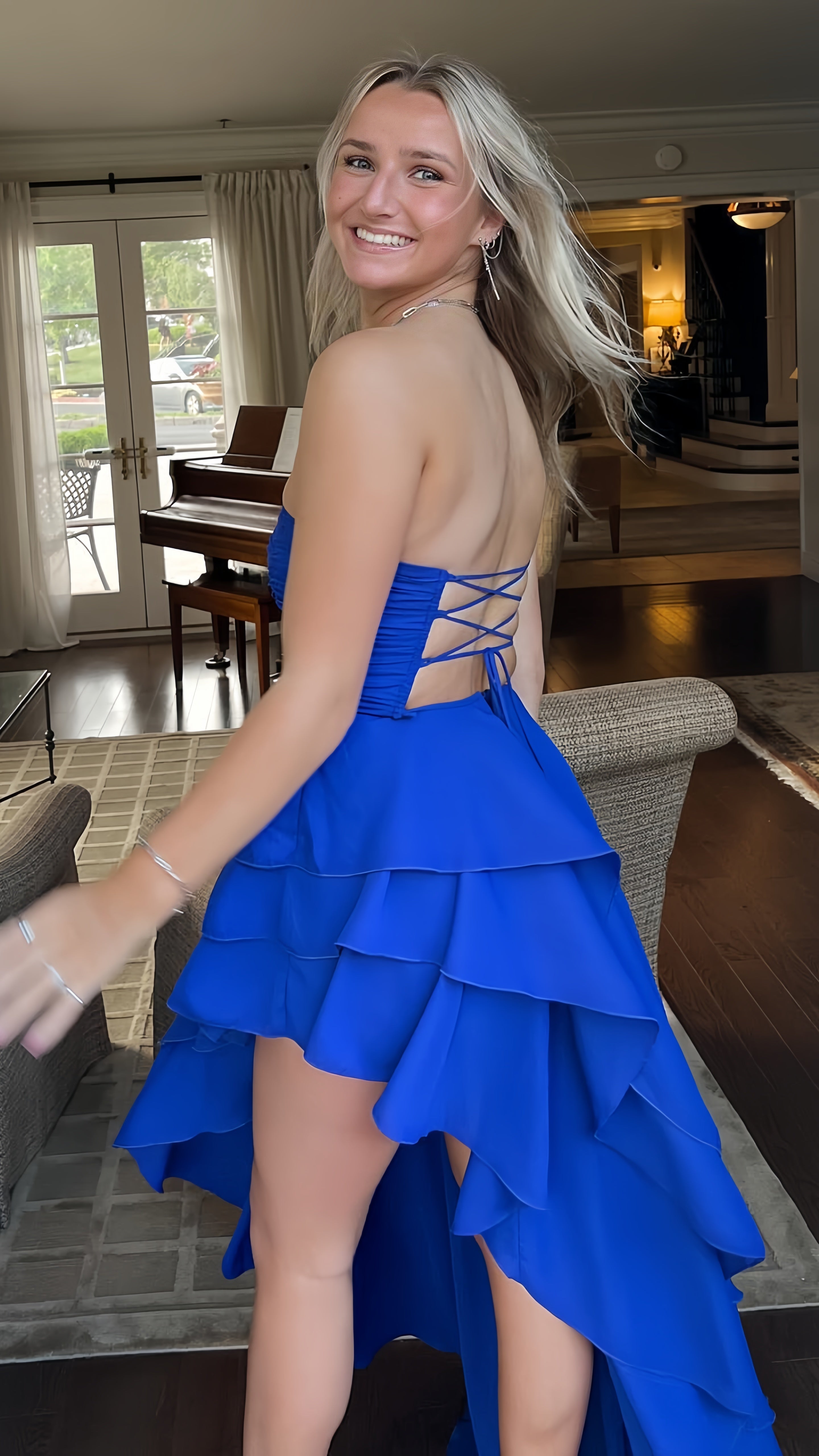 Royal Blue Strapless Long Prom Dress with Ruffle Details