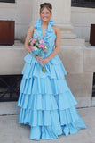 Flora | Radiant Halter Red Ruffle Tiered A-Line Prom Dress