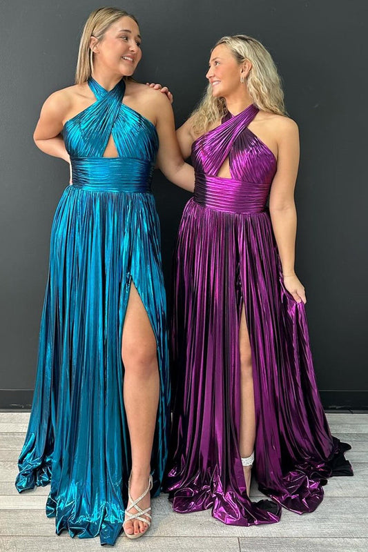 Peacock Blue Halter Neck A-Line Long Prom Dress With Split