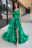 Green V-Neck Backless Ruffle A-Line Prom Gown with Slit