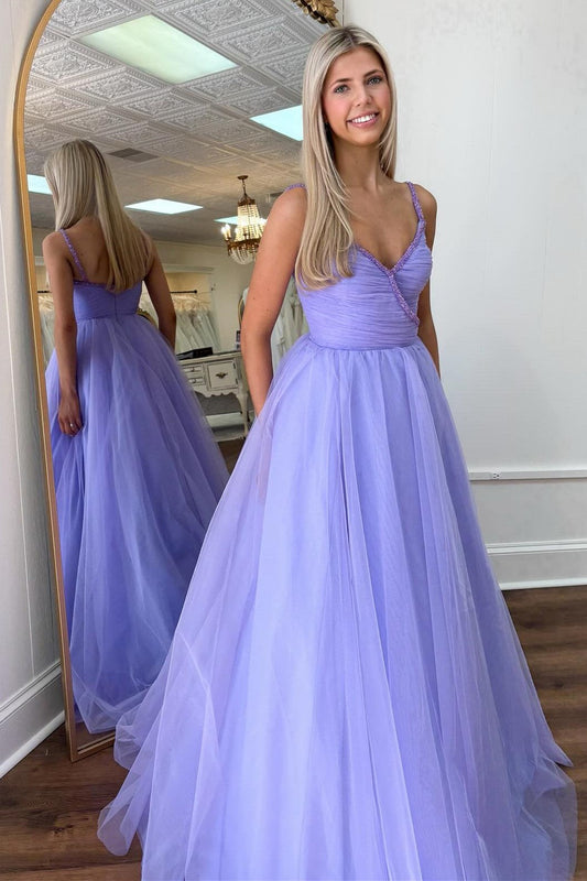 Lavender Beaded Surplice Tulle Prom Dress