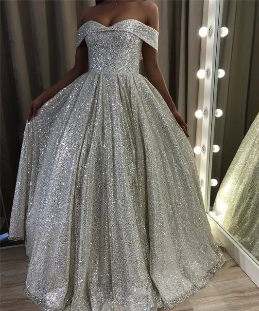 Shiny Silver Sequin A-Line Wedding Dress with Off-the-Shoulder Design
