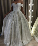 Shiny Silver Sequin A-Line Wedding Dress with Off-the-Shoulder Design