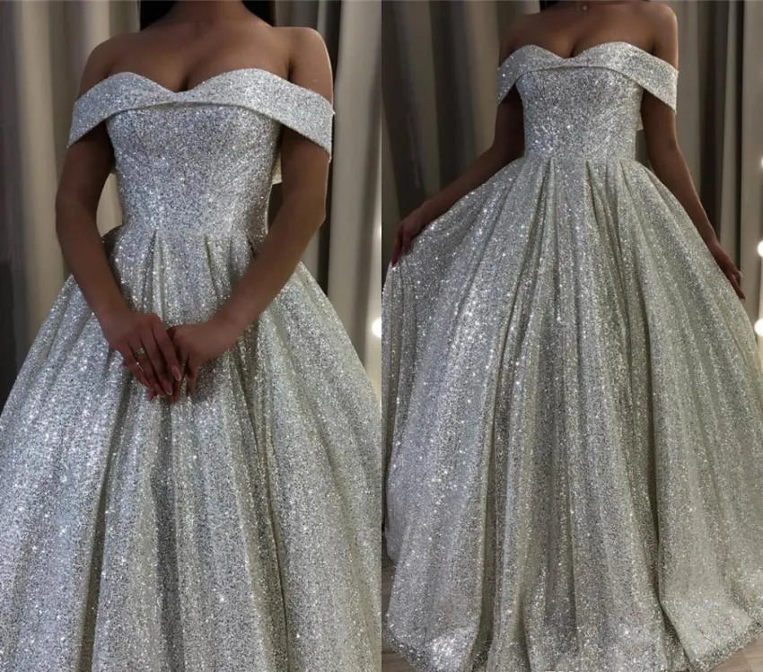 Shiny Silver Sequin A-Line Wedding Dress with Off-the-Shoulder Design