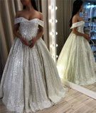 Shiny Silver Sequin A-Line Wedding Dress with Off-the-Shoulder Design