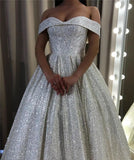 Shiny Silver Sequin A-Line Wedding Dress with Off-the-Shoulder Design