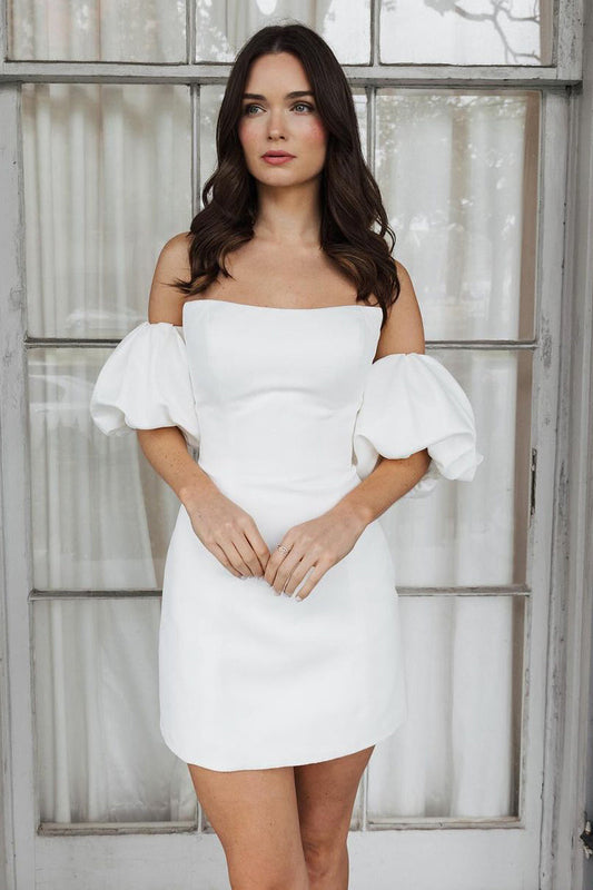 Short Satin White Wedding Dress with Strapless Off-the-Shoulder Design