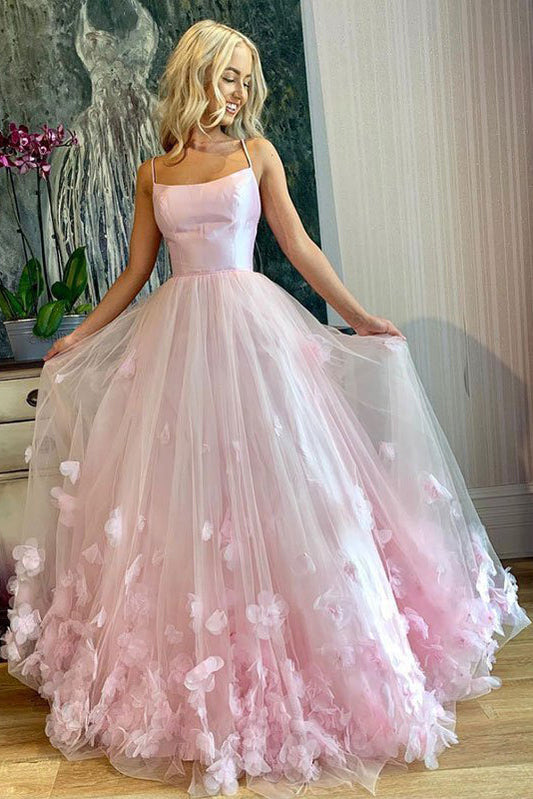 Arabella | A-Line Spaghetti Straps Pink Tulle Prom Dress