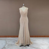 Simple V-Neck Sleeveless Sheath Pleated Long Bridesmaid Dress with Slit