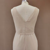 Simple V-Neck Sleeveless Sheath Pleated Long Bridesmaid Dress with Slit