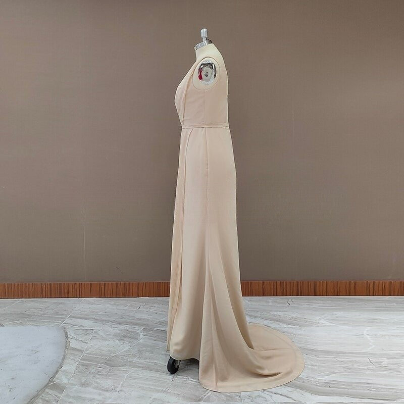 Simple V-Neck Sleeveless Sheath Pleated Long Bridesmaid Dress with Slit