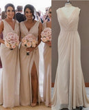 Simple V-Neck Sleeveless Sheath Pleated Long Bridesmaid Dress with Slit