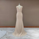 Simple V-Neck Sleeveless Sheath Pleated Long Bridesmaid Dress with Slit