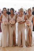 Simple V-Neck Sleeveless Sheath Pleated Long Bridesmaid Dress with Slit