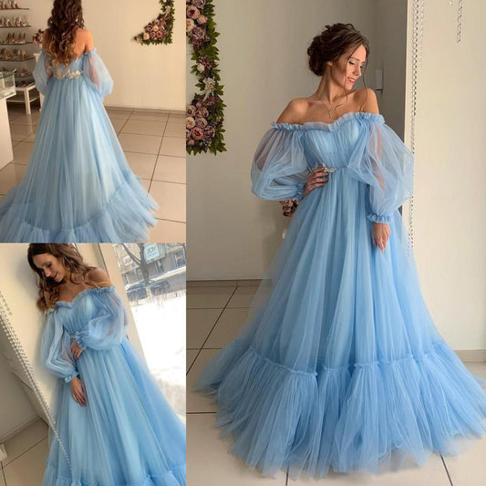 A-Line Sky Blue Bohemian Tulle Quinceañera Dress for Summer Prom