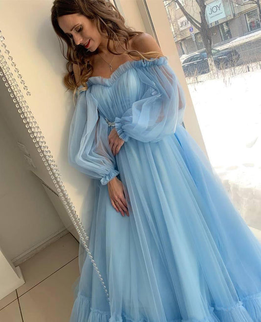 A-Line Sky Blue Bohemian Tulle Quinceañera Dress for Summer Prom