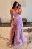 Sparkly Ball Gown Sweetheart Lavender Sequins Long Prom Dresses with Slit AB24090610-1