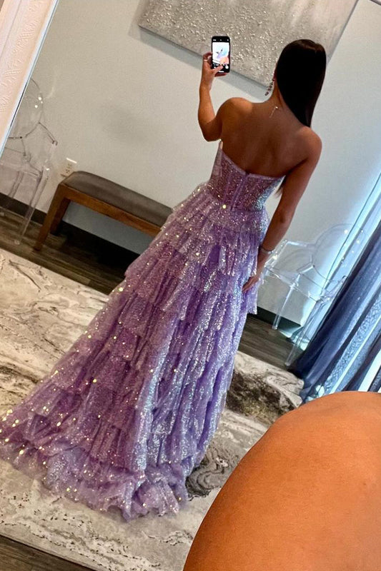 Sparkly Ball Gown Sweetheart Lavender Sequins Long Prom Dresses with Slit AB24090610-2