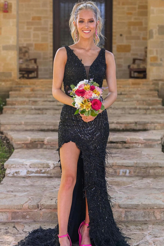 Sparkly Mermaid V Neck Black Sequins Lace Prom Dresses with Feather AB24091402-1