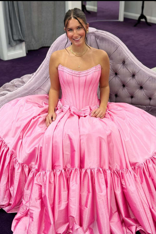 Cute Ball Gown Scoop Neck Taffeta Pink Long Prom Dresses with Bow