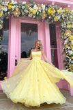 Imani | Straps Tulle Bodice with 3D Flowers and Back Lace-Up Yellow Prom Dress