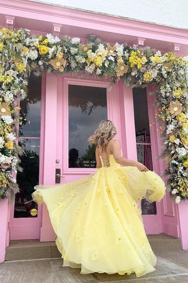 Imani | Straps Tulle Bodice with 3D Flowers and Back Lace-Up Yellow Prom Dress
