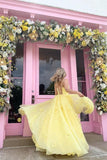 Imani | Straps Tulle Bodice with 3D Flowers and Back Lace-Up Yellow Prom Dress