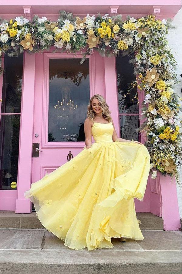 Imani | Straps Tulle Bodice with 3D Flowers and Back Lace-Up Yellow Prom Dress