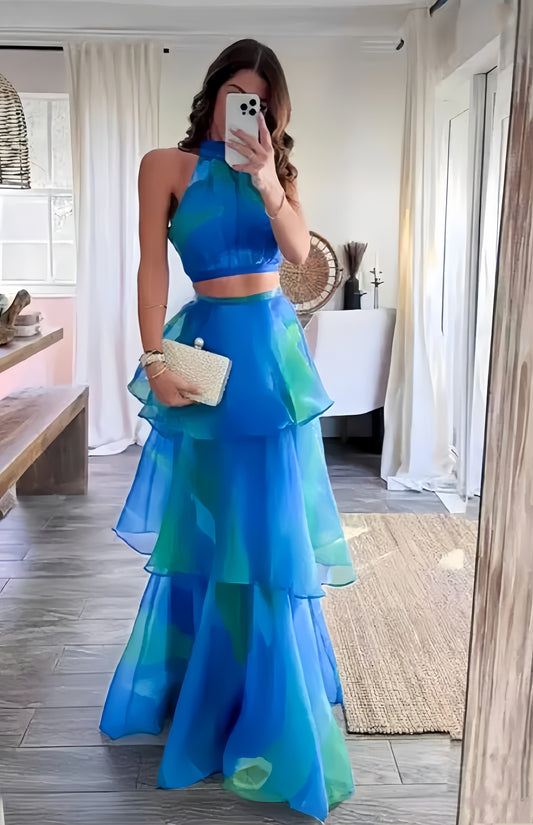 Two-Piece Halter Long Evening Prom Dress with Ruffle Skirt