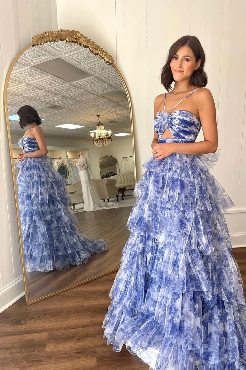 Cute Ball Gown Sweetheart Lavender Floral Printed Tulle Long Prom Dresses